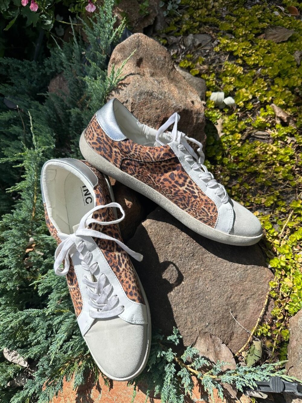 INC Leopard Print Sneakers 11 White Lace Up Animal Print Shoes Trendy